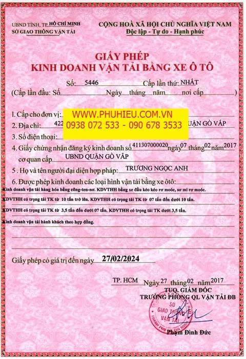 GIẤY PHÉP KINH DOANH VẬN TẢI Ô TÔ